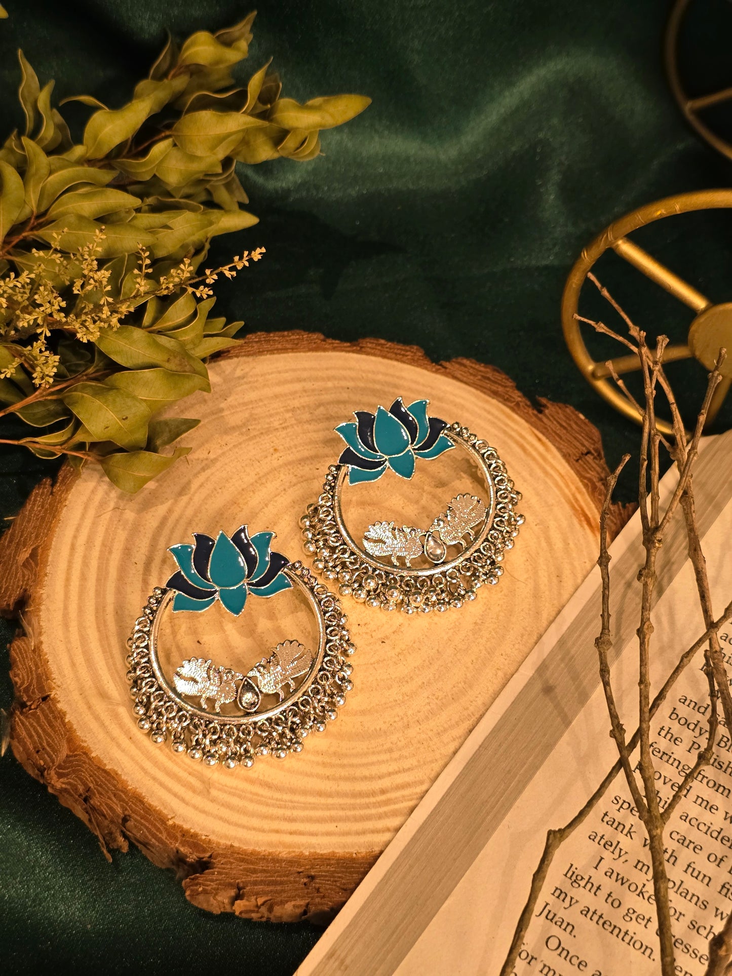 Antique Aqua Lotus Earrings Jewellery - 0001